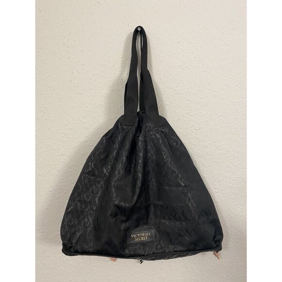 Victoria’s Secret Lightweight Packable Drawstring Tote Bag Black Logo Zips - Picture 1 of 9